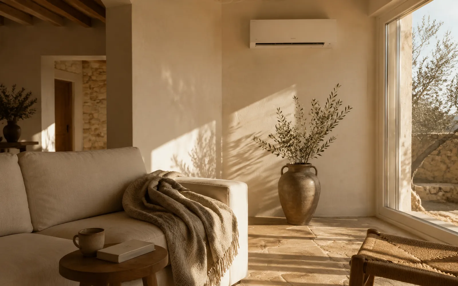 Wohnraum einer Villa auf Mallorca im Winterlicht mit dezentem Klimaanlagen-Innengerät