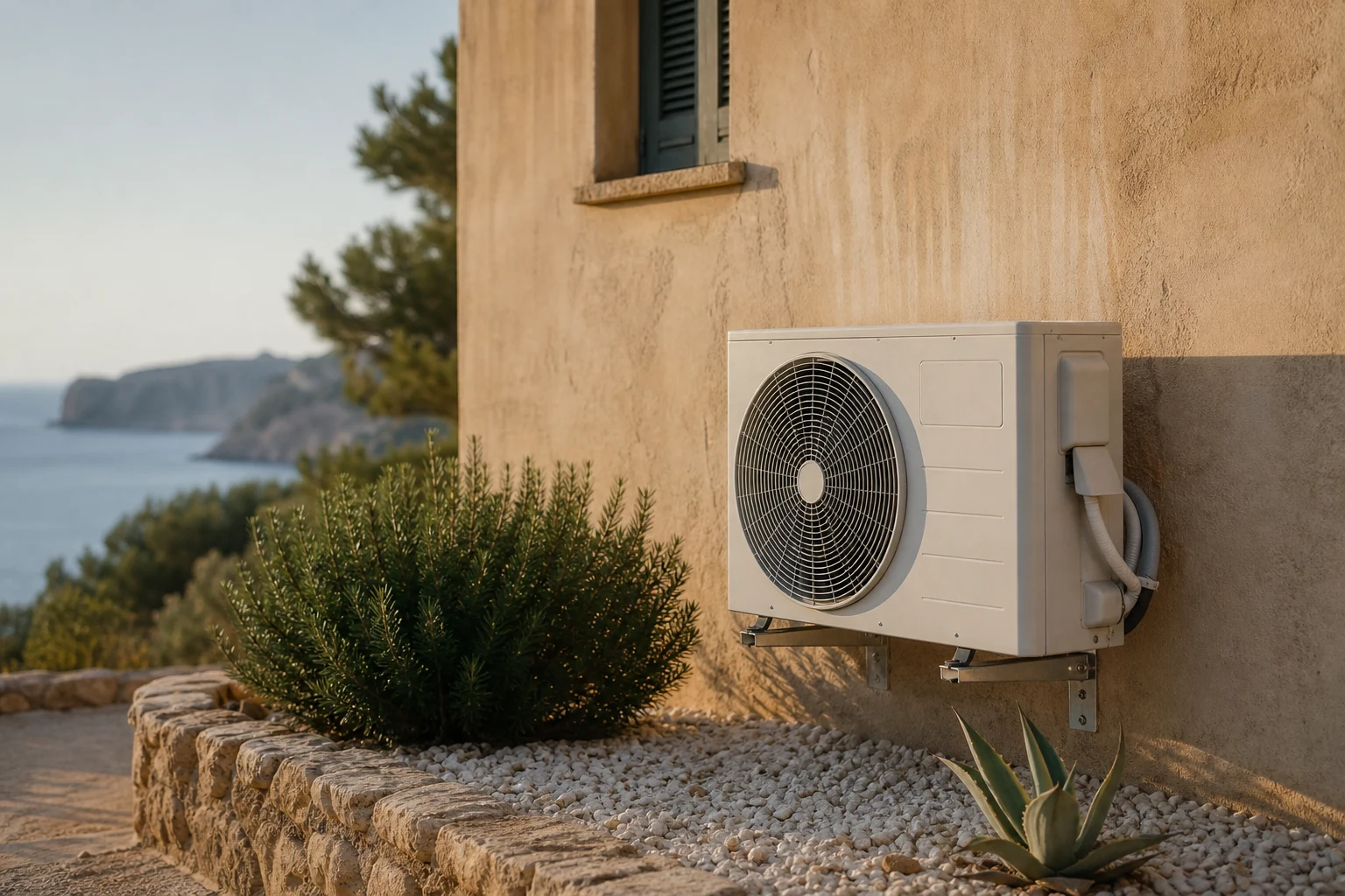 Außengerät einer Klimaanlage an einer mediterranen Villa in Küstennähe