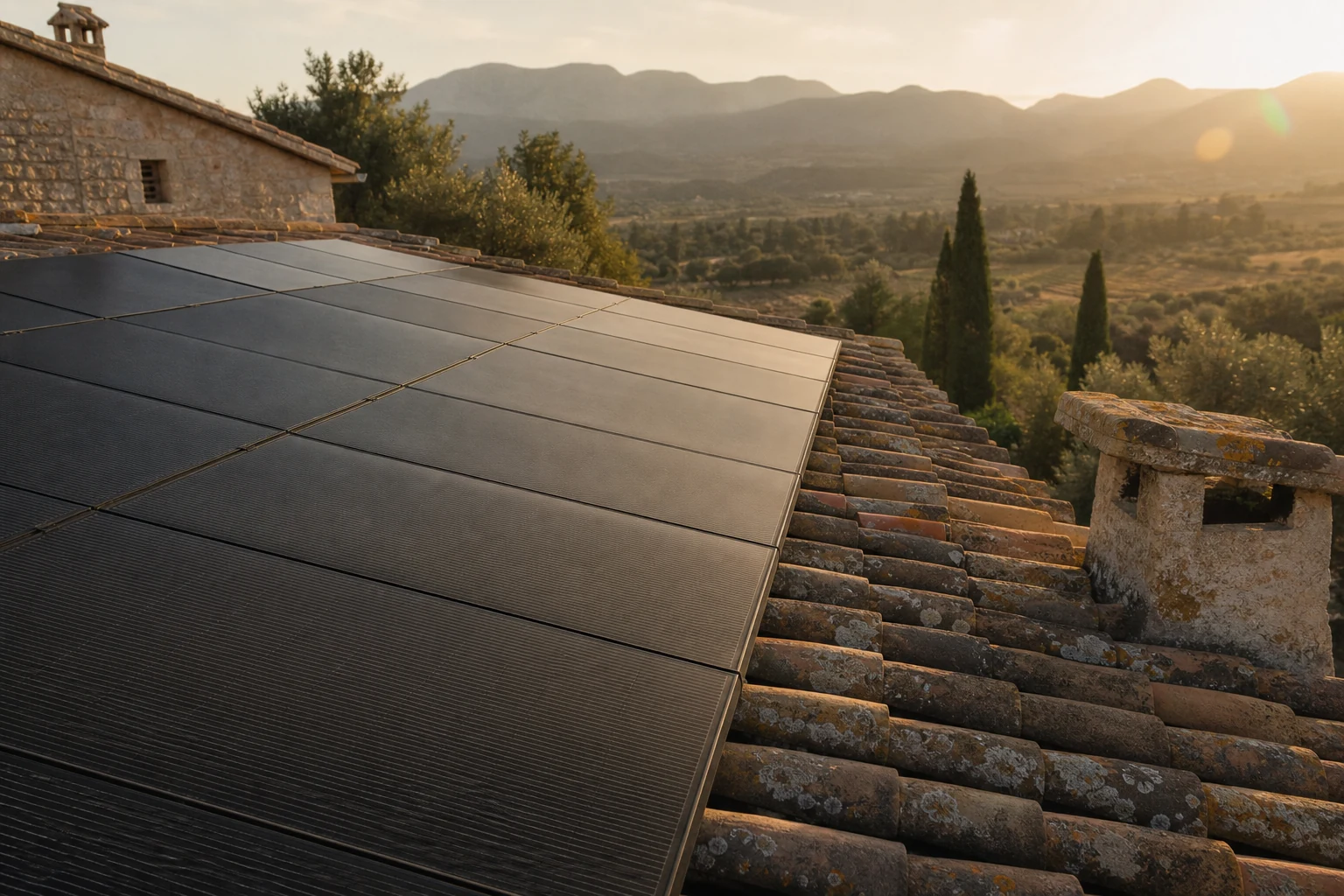 Photovoltaik-Anlage auf dem Dach einer Finca im Abendlicht auf Mallorca