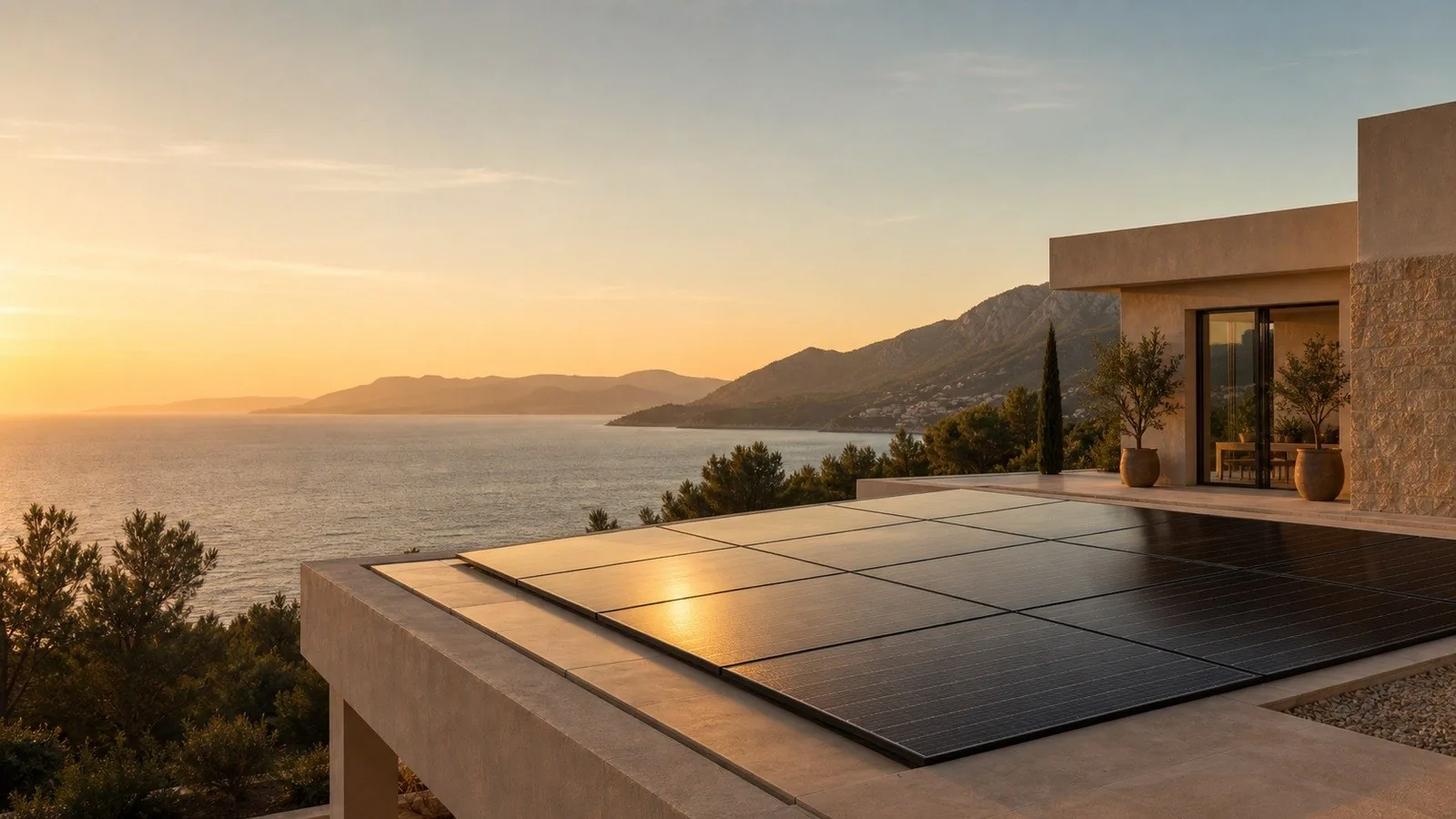 Solarmodule auf einer modernen Villa mit Meerblick bei Sonnenuntergang